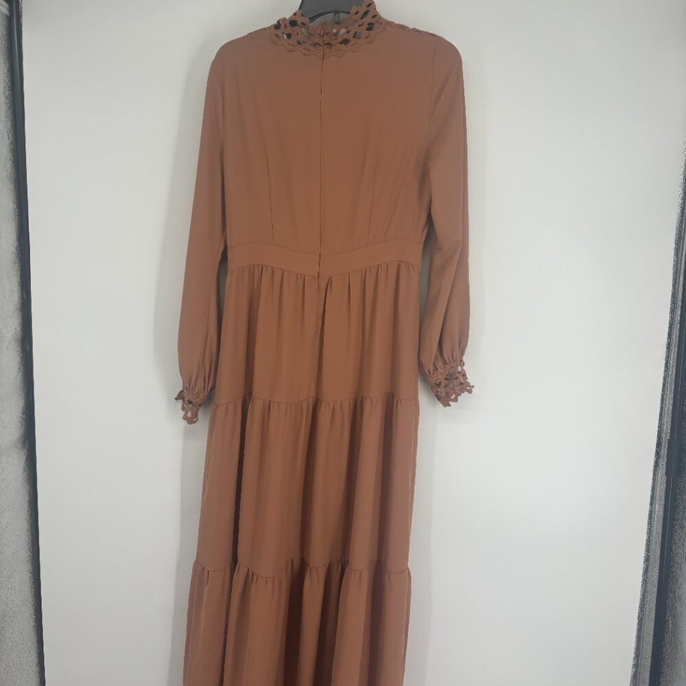 Urban Modesty Women's Lace Empire Waist Tiered Maxi Dress Brown Size Medium NWT - Picture 2 of 8